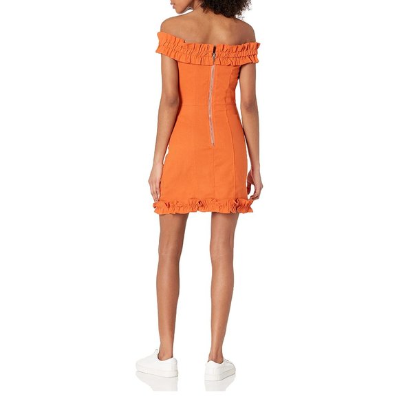 NEW KENDALL + KYLIE Linen Blend Off The Shoulder Ruffle Tangerine Dress, Sz 4-6 - Picture 4 of 15